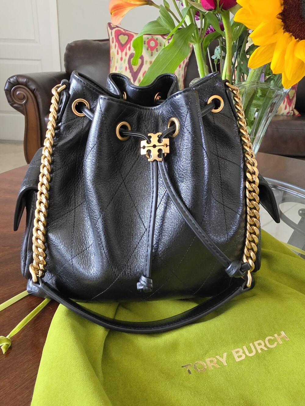 Tory Burch Black Leather Drawstring Bucket Bag with Gold Chain Detail